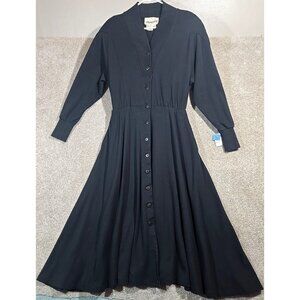Alain Toussaint Vintage 80s Cotton Dress Midi Length Shoulder Pads Black Size 8M